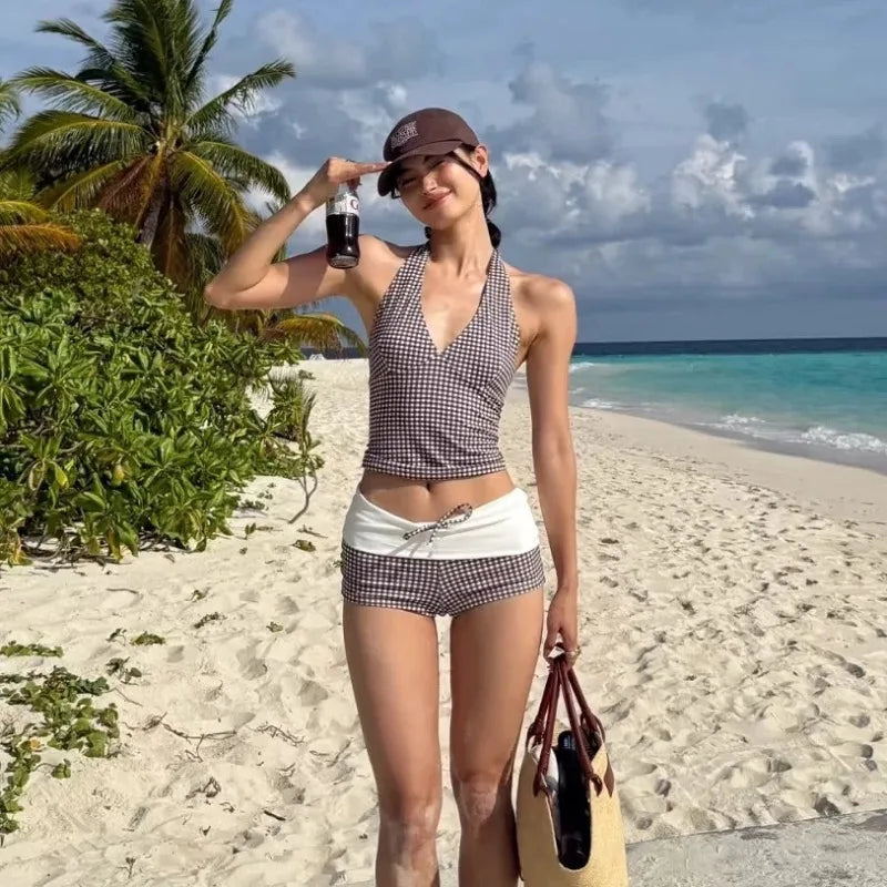 Checkered V Neck One Piece Swimsuit With Belly Coverage And Open Back