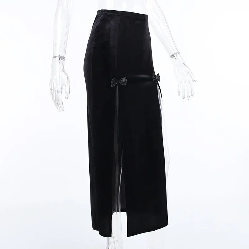Punk High Waist Skirt With Bow Side Split Knee Length