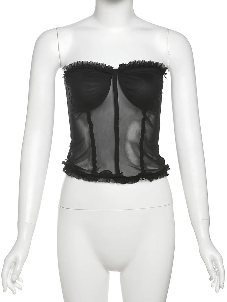 See Through Patchwork Strapless Top With Fishbone Detail Backless Fashion