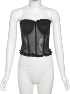 See Through Patchwork Strapless Top With Fishbone Detail Backless Fashion