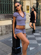 Stripe Patchwork Two Piece Set With V Neck Crop Top And Drawstring Mini Skirt