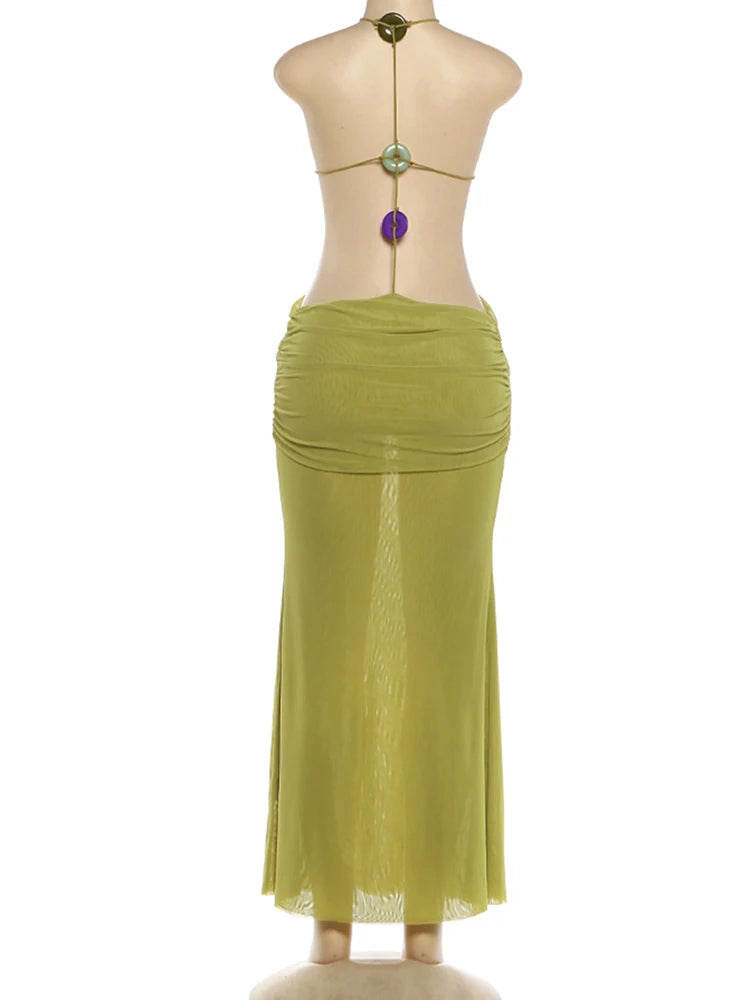 Elegant Halter Hollow Dress With Beaded Backless Mesh Patchwork