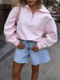 Fashion Women Pink Sweatshirt Vintage  Pullover Loose Half Zip Letter Embroidery Outwear