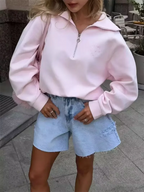 Fashion Women Pink Sweatshirt Vintage  Pullover Loose Half Zip Letter Embroidery Outwear