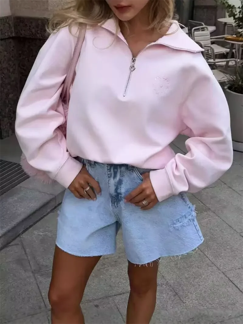 Fashion Women Pink Sweatshirt Vintage  Pullover Loose Half Zip Letter Embroidery Outwear