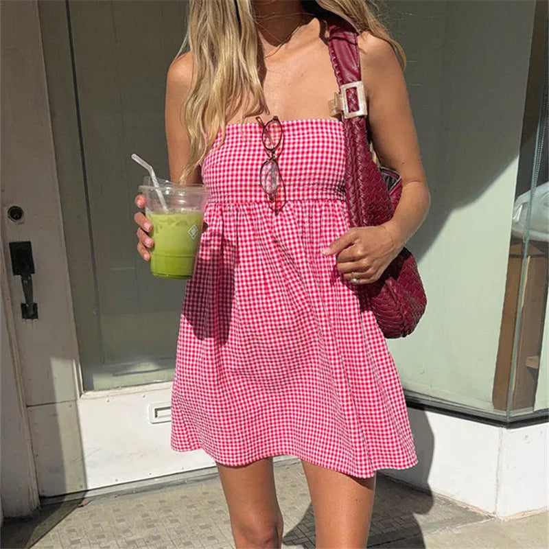 Gingham Plaid Cami Dress With Lace Trim Square Neck Open Back Party Mini Edition