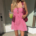Gingham Plaid Cami Dress With Lace Trim Square Neck Open Back Party Mini Edition