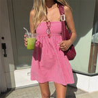Gingham Plaid Cami Dress With Lace Trim Square Neck Open Back Party Mini Edition