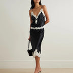 Lace Patchwork Two-piece Set With V-Neck Sling Top And Long Skirt