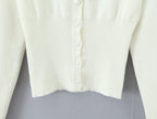 Lacing Up Bow Woodears O neck Open Buttons Through Crop Pointelle Knitted Cardigan Sweater Woman Jumper Knitwear