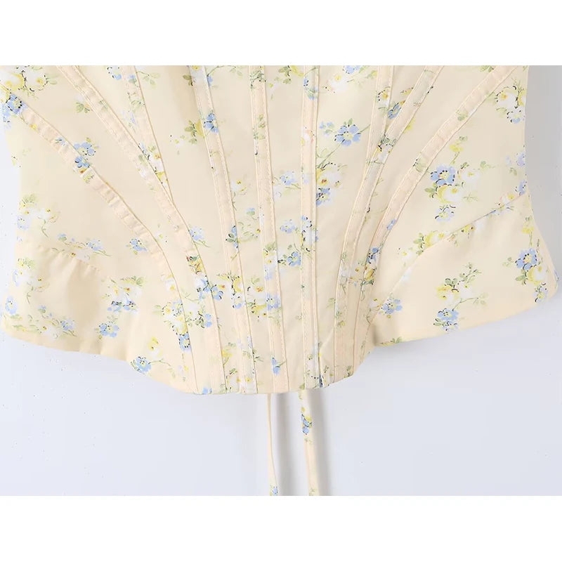 Sunlit Yellow Floral Corset Top With Lace Trim And Delicate Spaghetti Straps