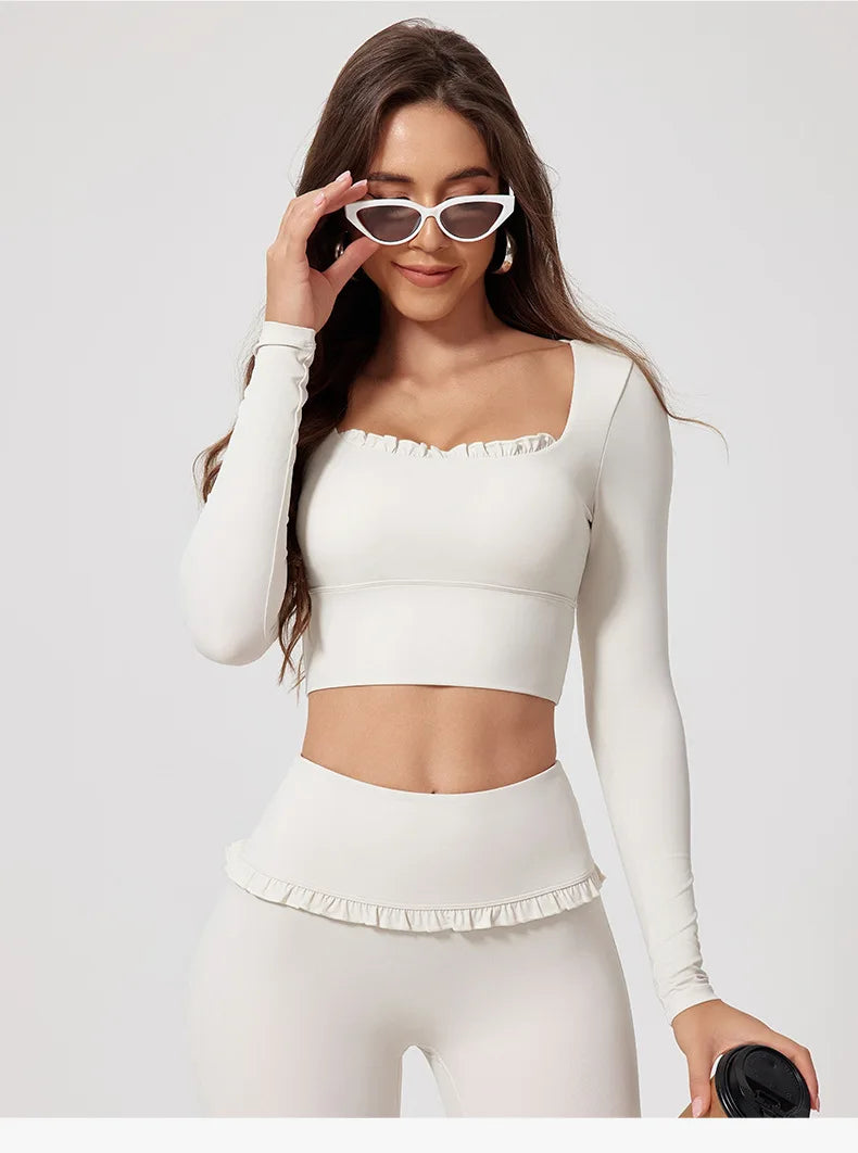 Women Shirts Long Sleeve for Yoga Crop Top Square Neck Workout Clothing with Chest Pads Fitness