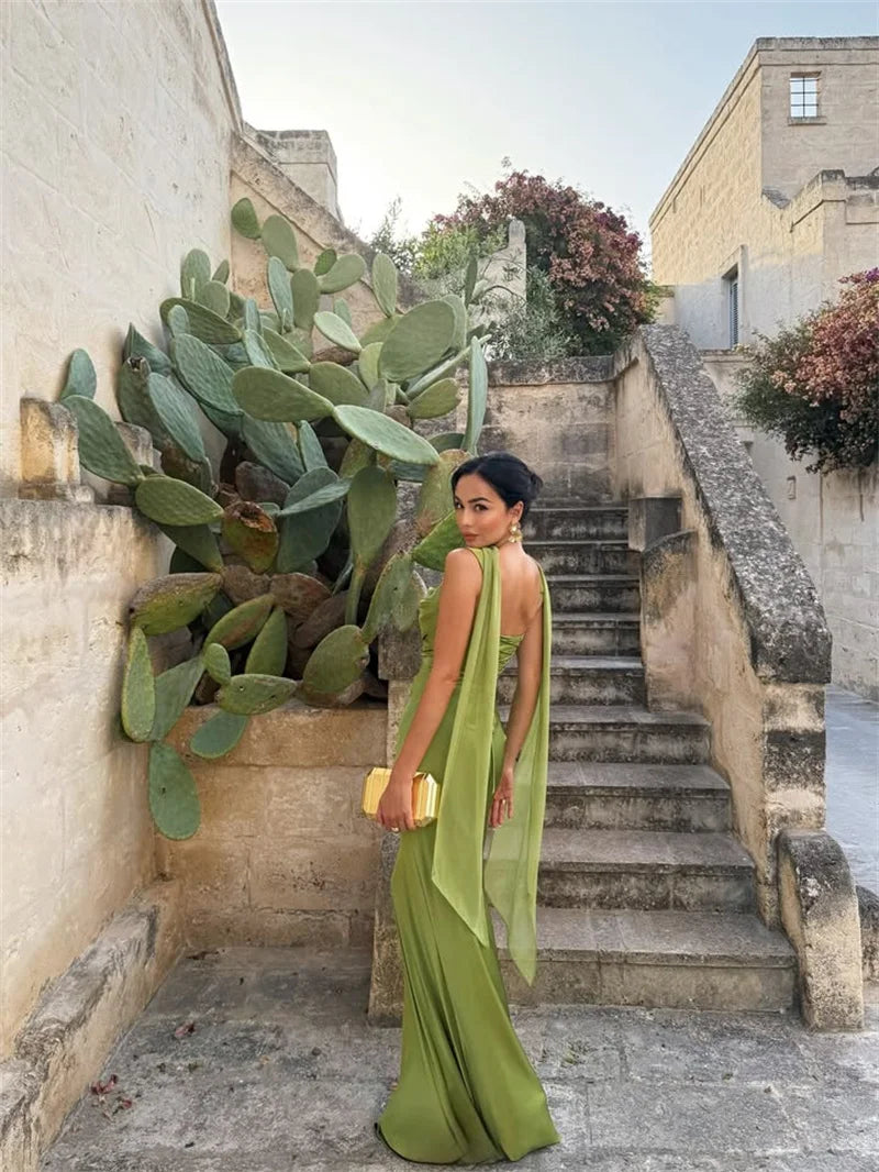 Elegant Satin Backless Halter Off-Shoulder Maxi Dress