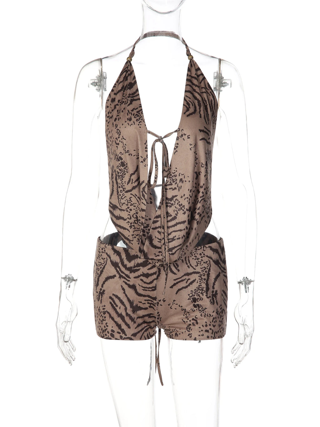 Tiger Print Halter Top Beachwear Set With Backless Detail And Lace Up Slim Fit Shorts