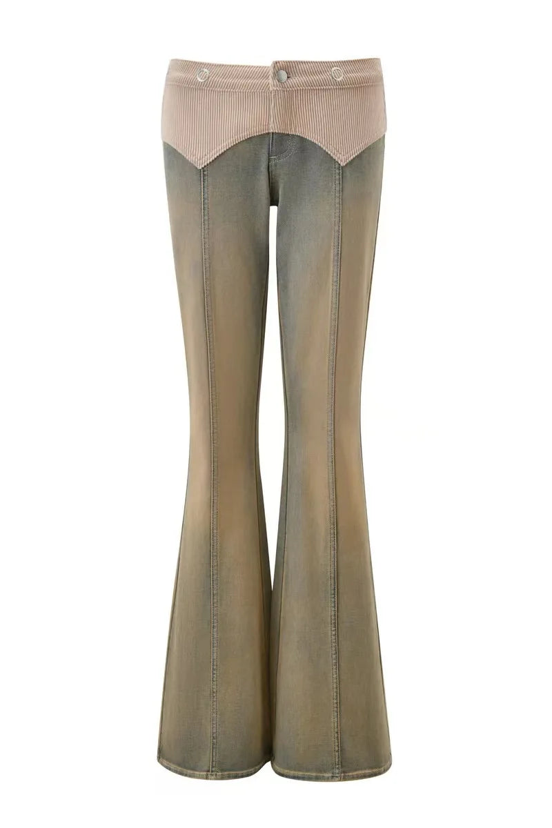 L Corduroy Panel Denim Halter Bustier Top + Flare Jeans