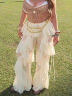 Irregular Tiered Flare Pants With Patchwork See Through
