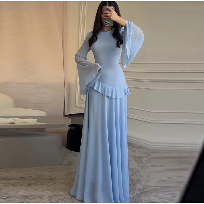 Flare Sleeve Maxi Dress With Ruffle Detail O Neck High Waist Pleated