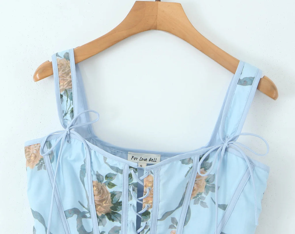 Blue Lace Up Bandage Tank Top Crop