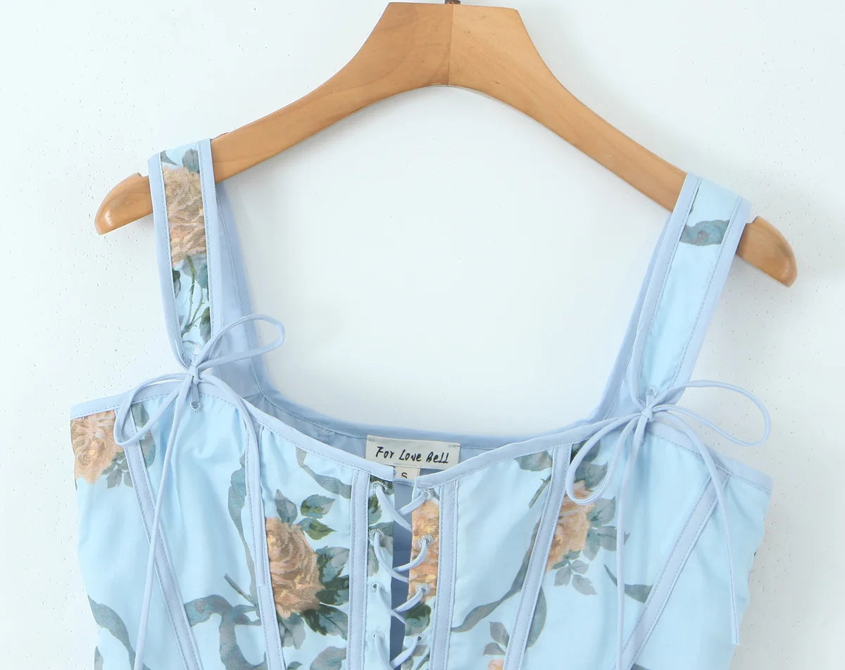 Blue Lace Up Bandage Tank Top Crop