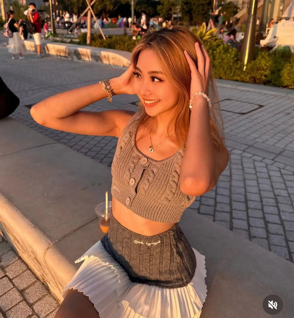 Knit Color Block Mini Skirt High Waisted Pleated
