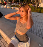 Knit Color Block Mini Skirt High Waisted Pleated