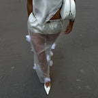 See Through Mesh Skirt With 3D Floral Embroidery High Waist Maxi