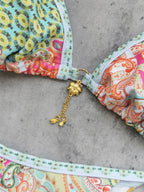 Retro Green Floral Bikini Set With Push Up Top And Cheeky Thong Bottom