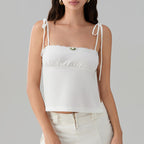 Sweet Open Back Camisole With Shirred Tie Up Spaghetti Straps Lace Trim And Square Neck