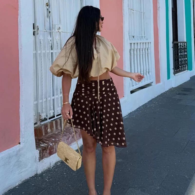 Polka Dot Mini Skirt With High Waist And Asymmetric Folded Hem Style