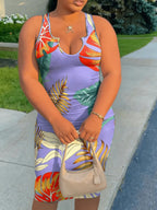 Plus Size Sleeveless Notched U Neck Tropical Print Bodycon Mini Dress
