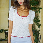 Romantic Dots Print Lace Trim Short Sleeve Top With Button Details And Scoop Neck