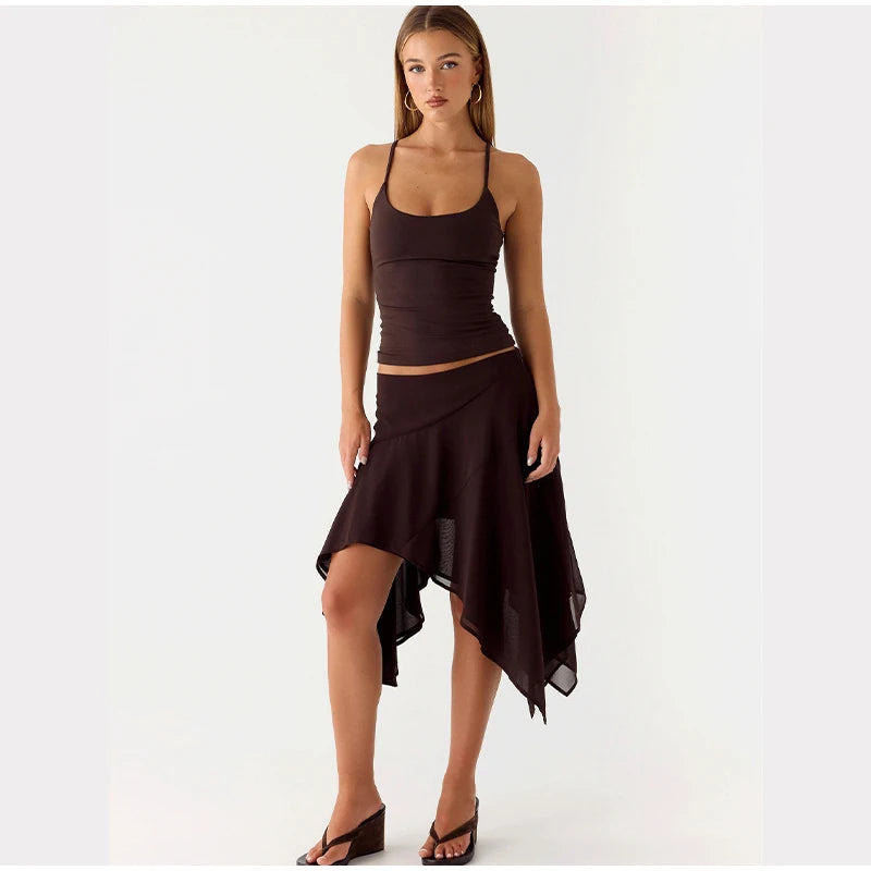 Soft Ruffle High Waist Midi Skirt With Asymmetrical Hem