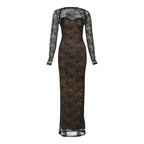 Coquettish Low Neck Maxi Dress With Lace Full Sleeve Midnight Jacquard
