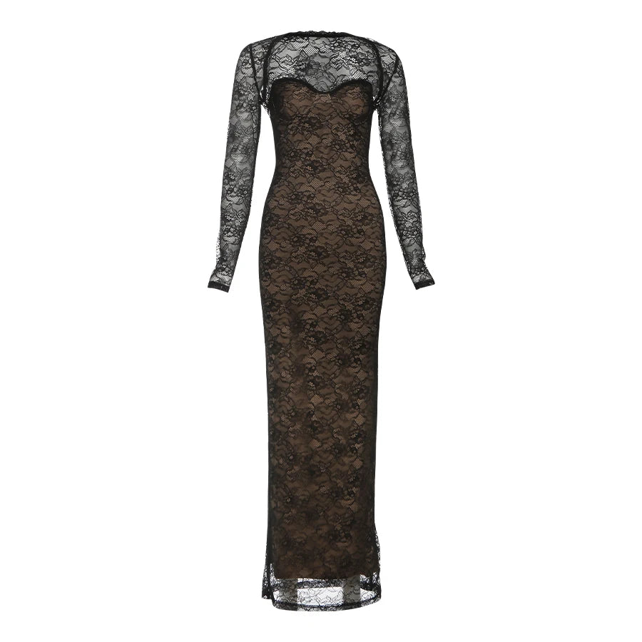 Coquettish Low Neck Maxi Dress With Lace Full Sleeve Midnight Jacquard