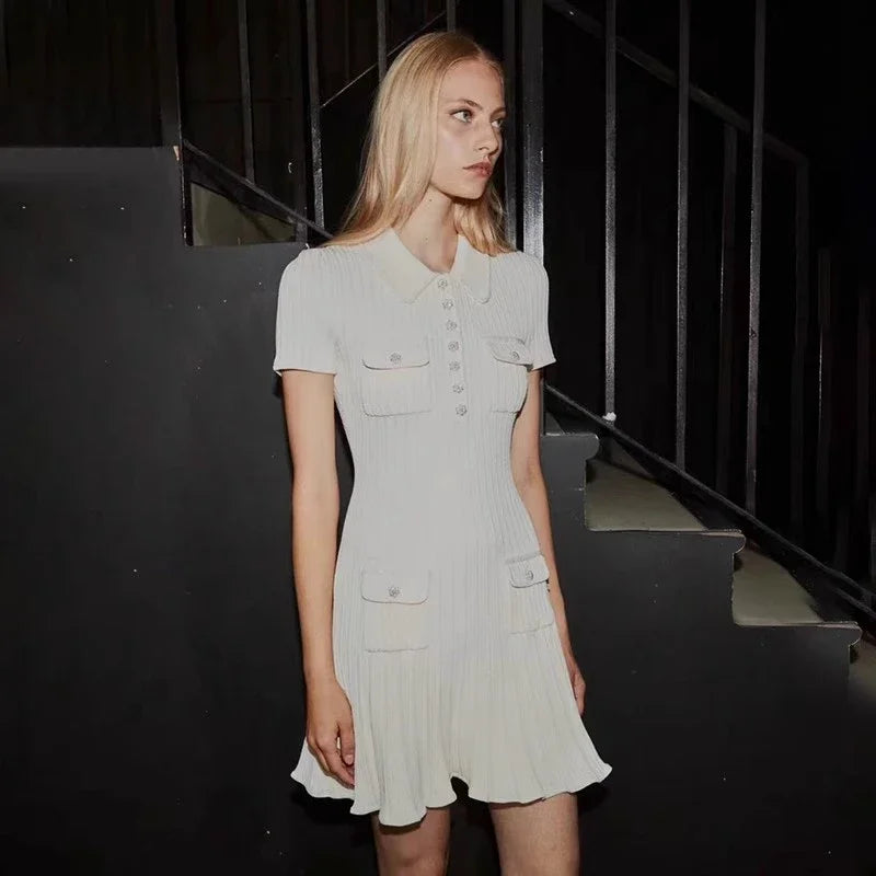 Polo Neck Knit Dress With Elastic Slim Fit And Multi Pocket Wrapped Hip Skirt
