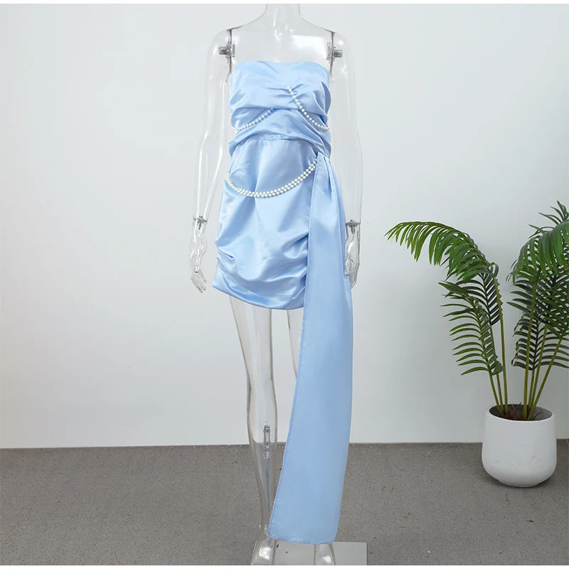 Blue Irregular Shawl Maxi Dress Slim Fit Pleated Turtleneck Elegant Evening