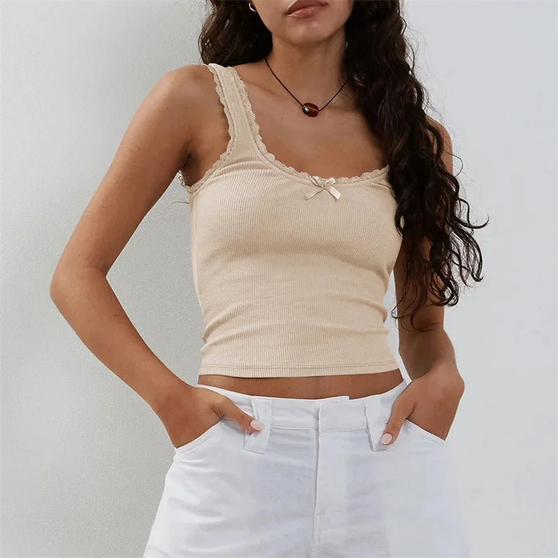 Coquette Lace Trim Knit Crop Top With Bow Sleeveless Square Collar