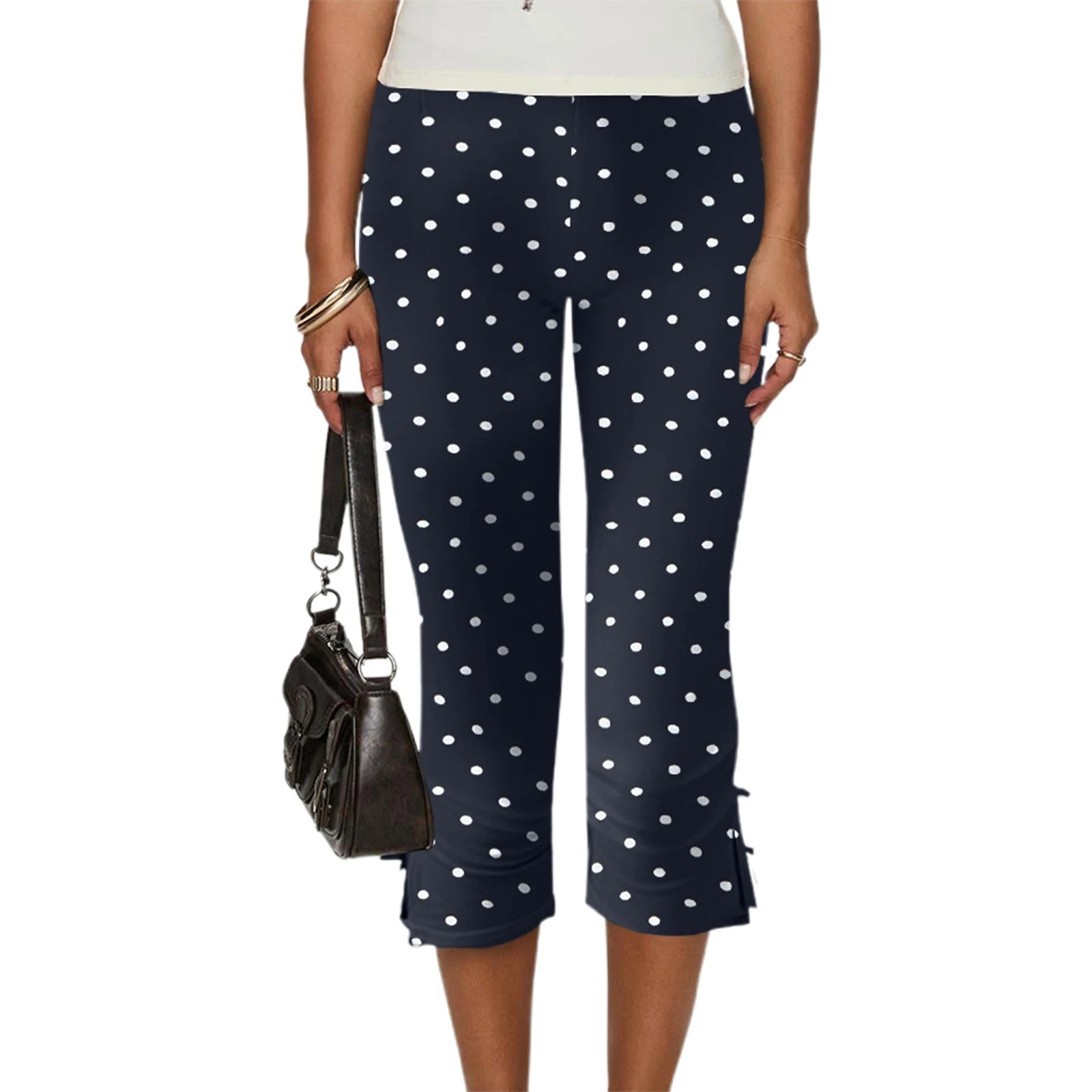 Bow Detail Cropped Capri Pants For Summer Slim Fit With Elastic Waist Solid Stretch