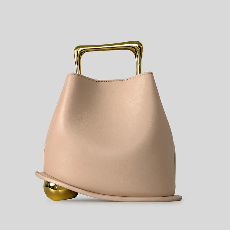 Gold Metallic Irregular Bucket Bag With Ball Base Leather Tote