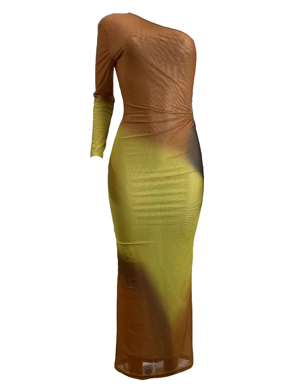 Long Maxi Dress With Skew Collar Full Sleeves Mesh See Through