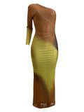 Long Maxi Dress With Skew Collar Full Sleeves Mesh See Through