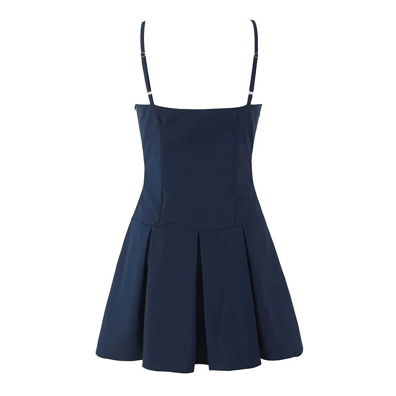 Lace Patchwork Sling Mini Dress For Women Sexy Low Waist Pleated Hem A-line