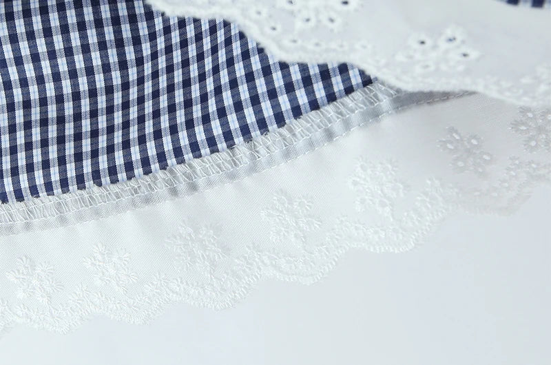 Vintage Lapel Collar Puff Sleeve Lace Patchwork Sweet Plaid Single Breasted Blouse
