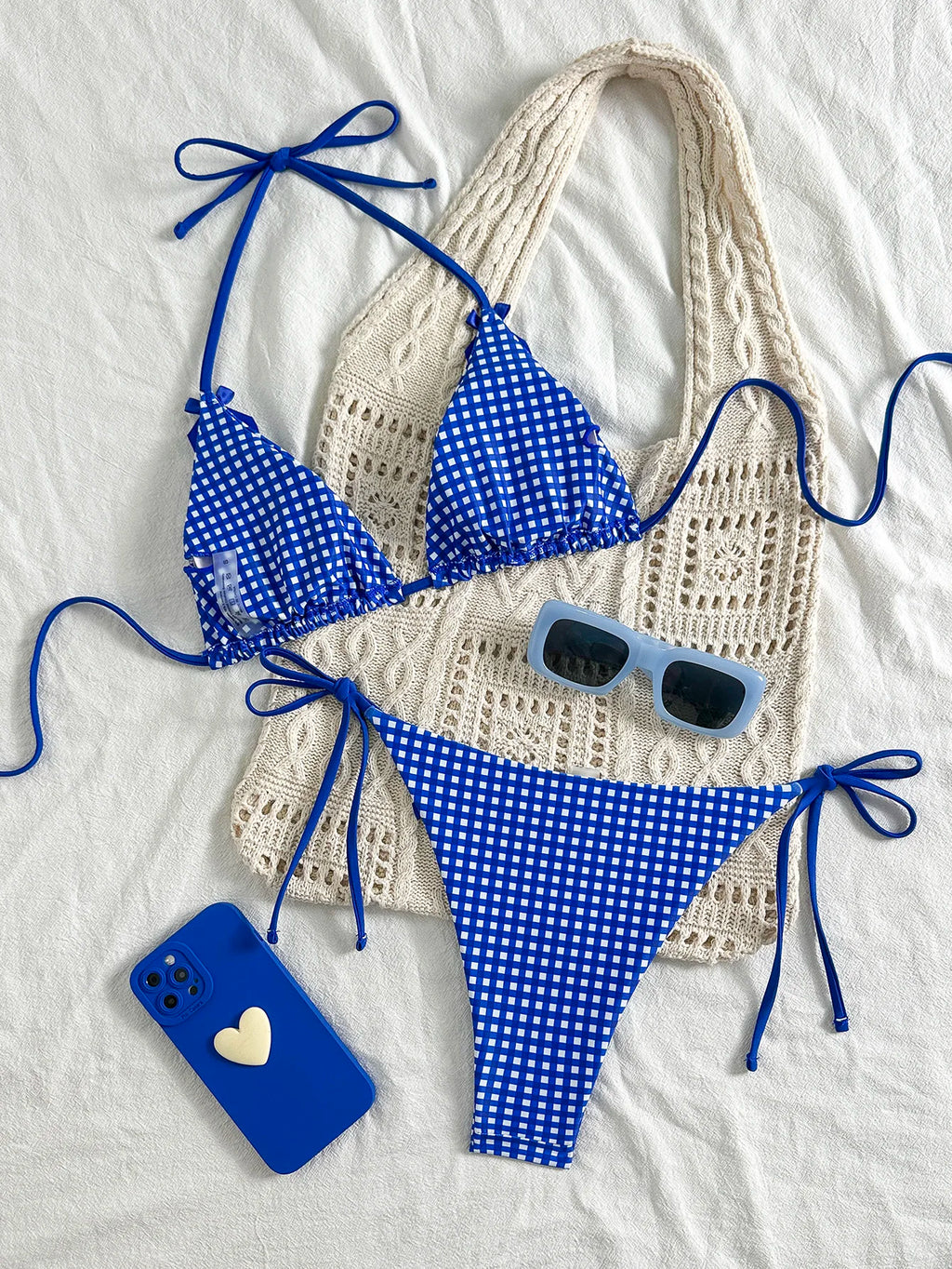 Picnic Plaid Bikini Set in Blue and White Bowknot Halter Top with Tie Up Triangle Bottoms