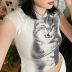 Animal Print Crop Top In White Slim Fit Crewneck Tee For Casual Vintage Vibe Everyday Chic