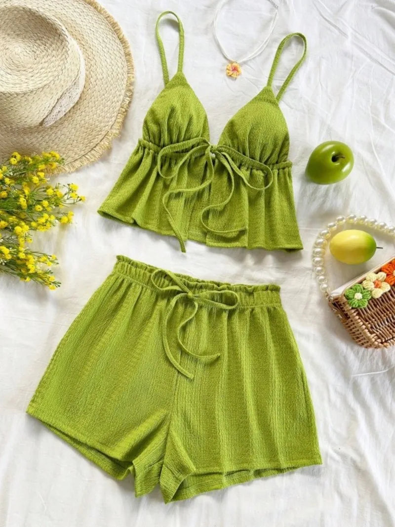 Verdant Cami Set With Drawstring Top And Elastic Waist Shorts In Soft Knit Fabric