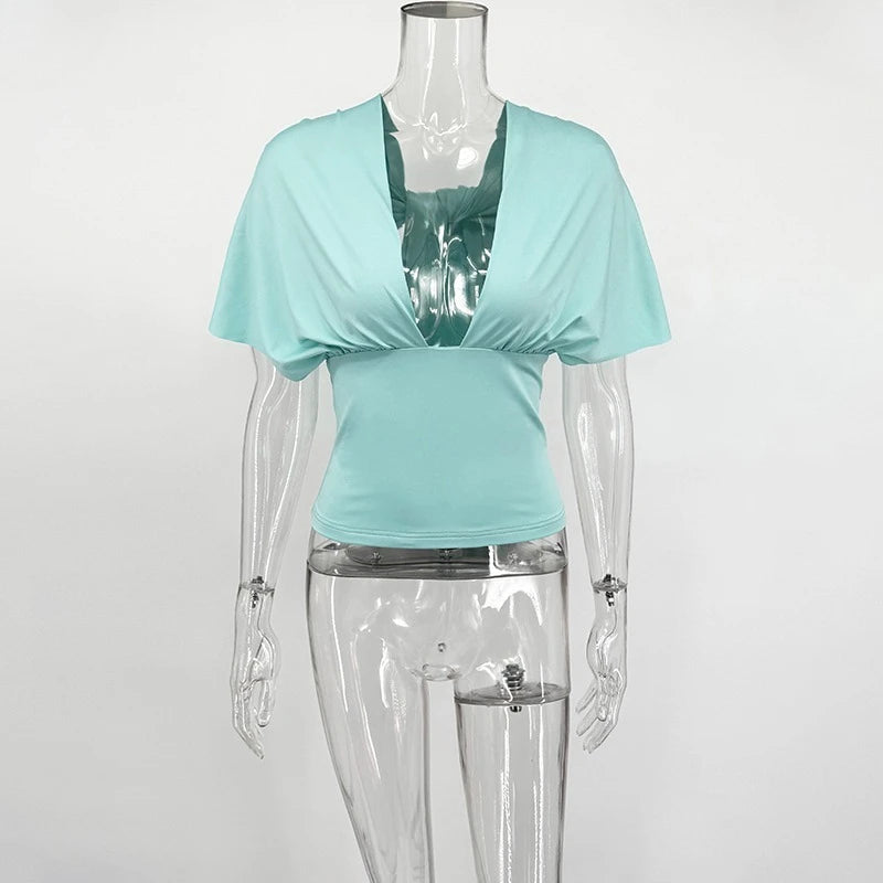 Women Halter Neck Backless Elastic V Neck Crop Top