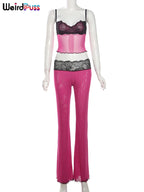 Patchwork Mesh Set With Leopard Print Skinny Pants Sexy Sleeveless Crop Top Street Style