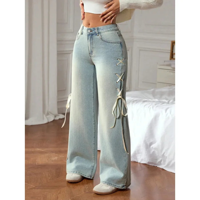 Washed Denim Wide Leg Pants With Lace Up Detail Pockets