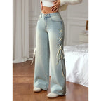 Washed Denim Wide Leg Pants With Lace Up Detail Pockets